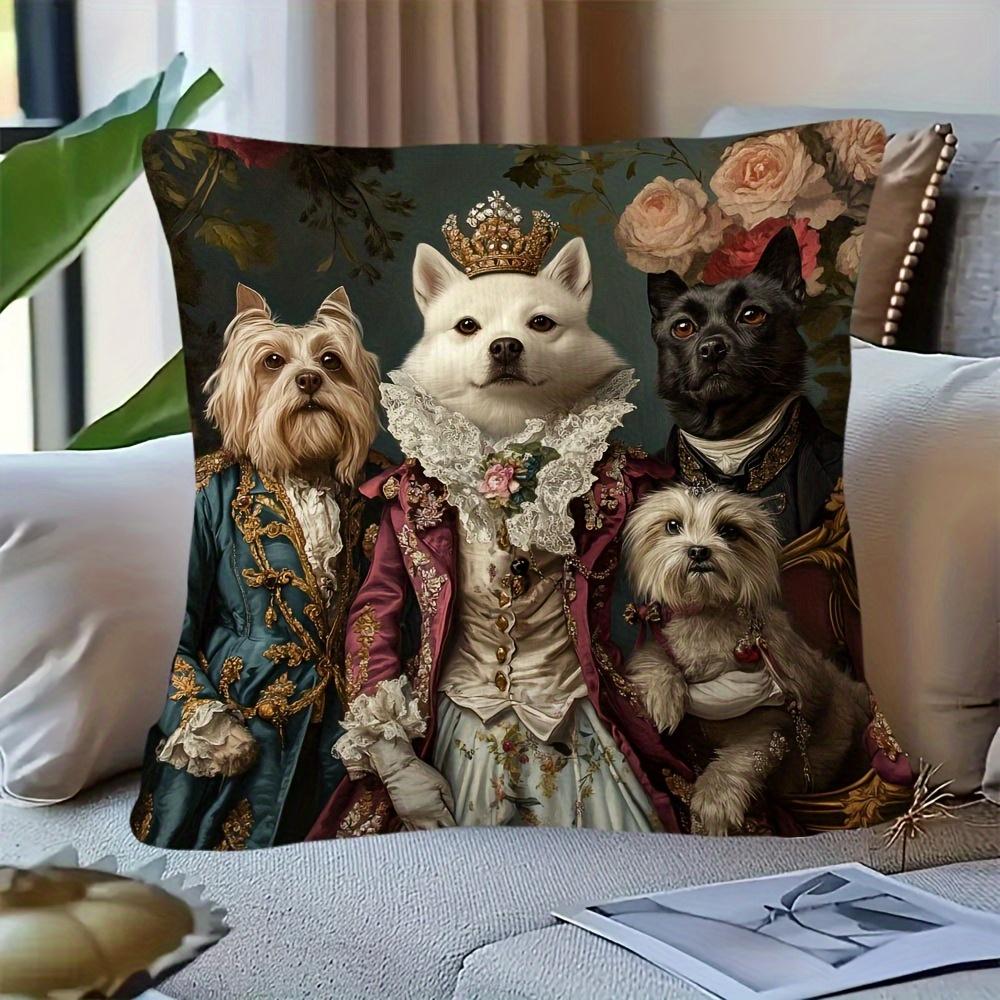 2D Flat- Victorian Royal Dogs Family Throw Pillow Cover Vintage Aristocratic Pet Portrait Cushion Cover for Home Sofa Decor