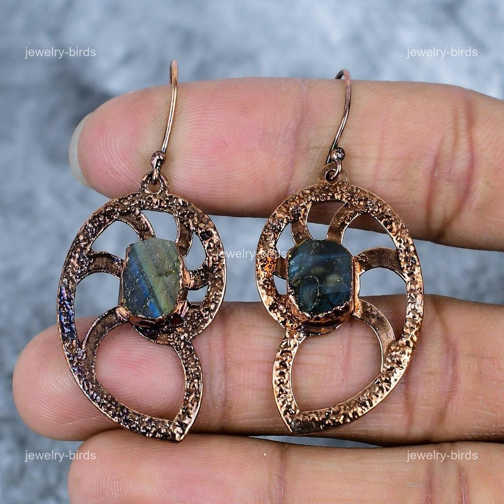 Fancy Labradorite Stone Electroformed Handmade Dangle Drop Hook Earrings Copper VP-79