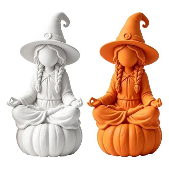 Indoor Autumn Window Displays 3D Printed Meditating Witch Figurine on Pumpkin Base, Minimalist Decorative Hat Sculpture Halloween Desktop Statue, DIY
