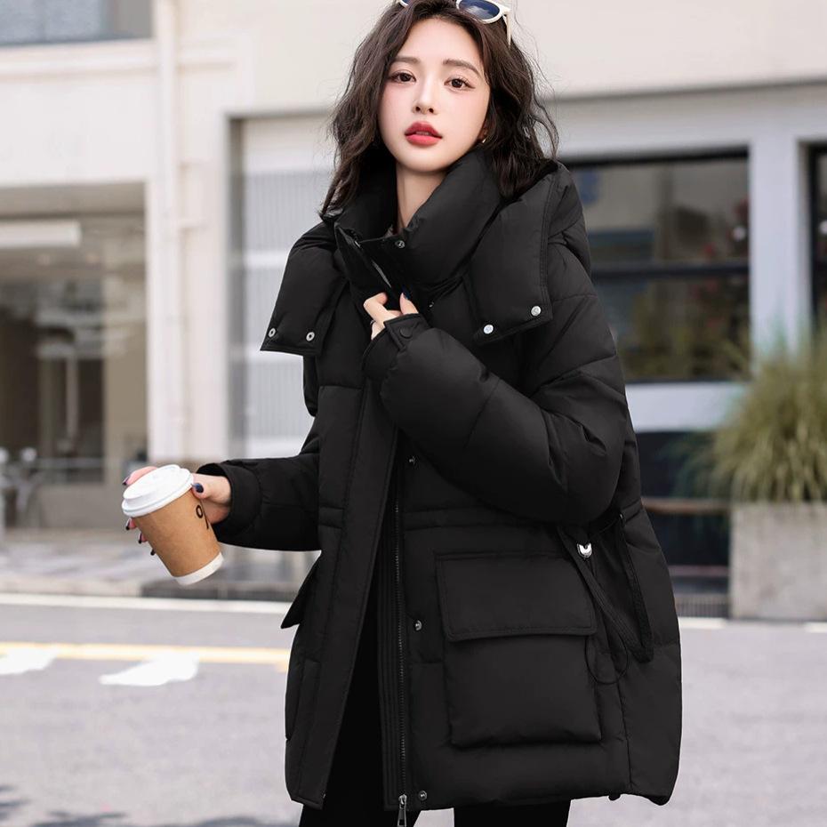 Waist hooded cotton clothes women's new medium and long loose thickened warm student winter coat tide