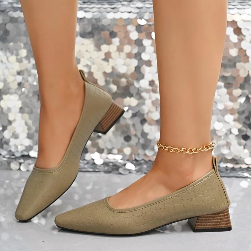 Shallow Women Low Heels Shoes 2025 New Brand Trend Elegant Square Toe Pumps Leather Mature Office Dress