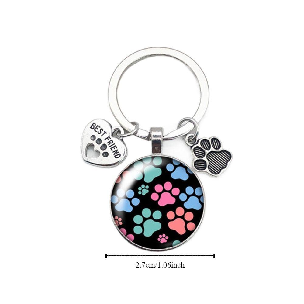 Love Cat Pet Footprints Car Key Chain Cartoon Key Holder Fashion Glass Cabochon Key Ring  Men Women