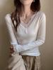Lace Trim V-Neck Long-Sleeve Brushed T-Shirt with Cashmere Fur Lining for Women - Autumn/Winter Collection.