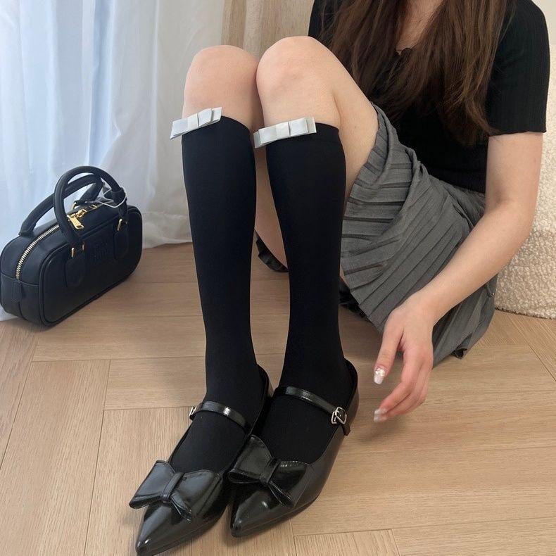 Sweet Japanese-Style Thin Simple Versatile Knee-High Socks | INS One-Knot Solid Color Velvet Calf Socks for Women - Black