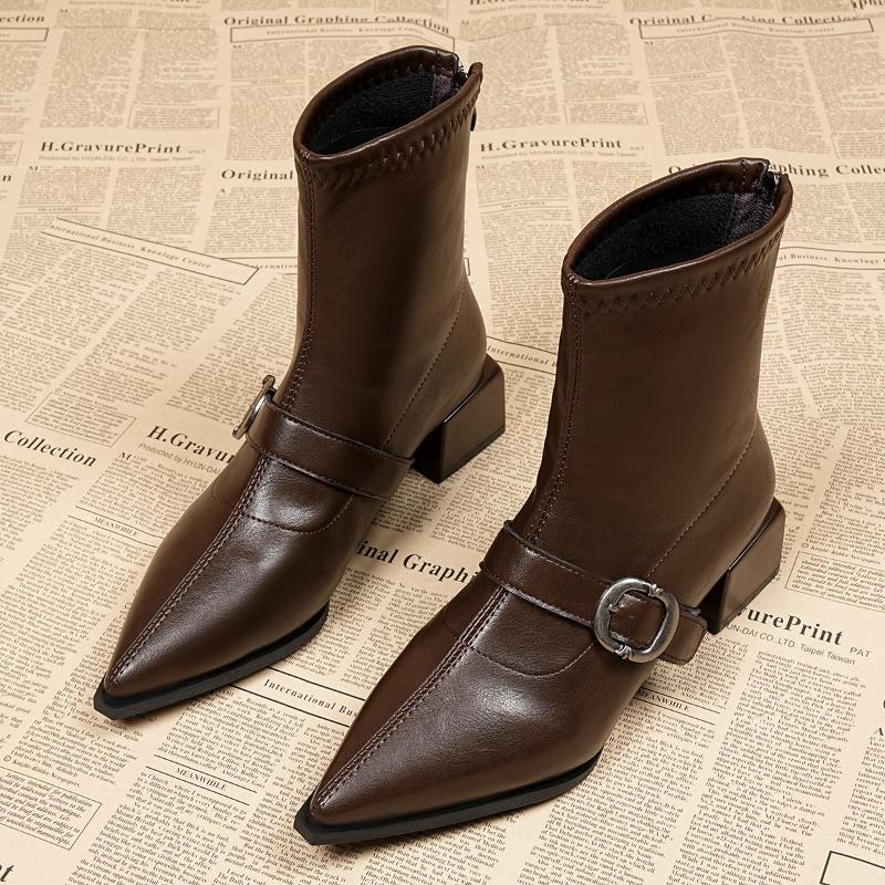 Metal Buckle Block Heel Single Boots Fashion Pointed Toe Rear Zipper Anti-Slip Wear-Resistant