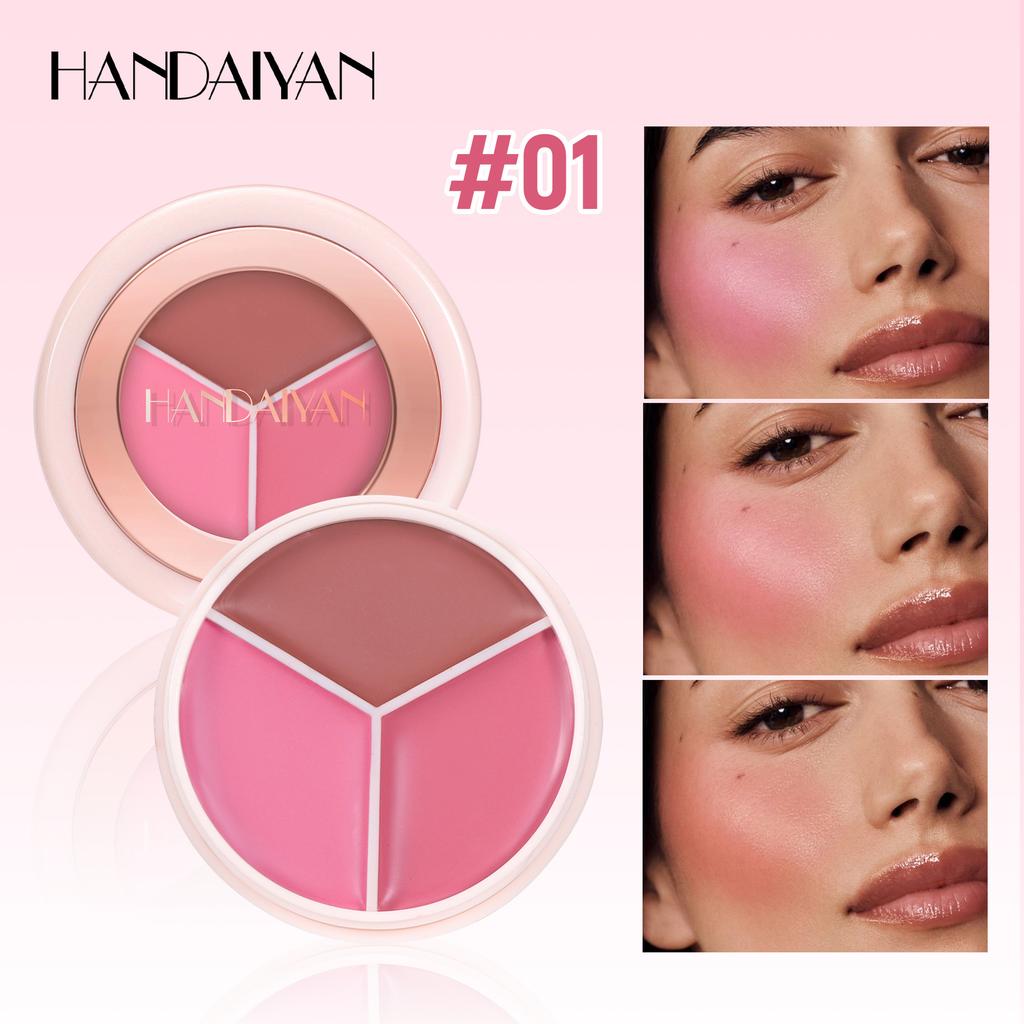 HANDAIYAN Tri-Color Blurring Blush Palette Matte Cream Blush Mud Natural Soft-Focus Long-Lasting Waterproof Face Makeup Cosmetics