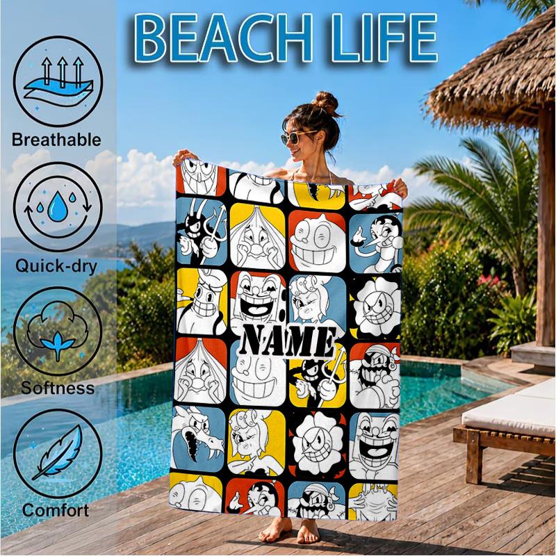 Custom Name Cuphead Microfiber Beach Towel, Quick-Dry, for Summer Travel, Beach Essential, Picnic Essentials, Swimming Pool