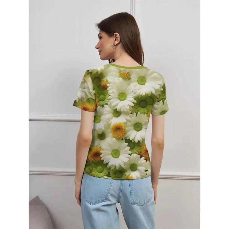 Women's Summer Round Neck Short Sleeved T-shirt Paired with 3D Floral Print Casual Top Breathable and Machine Washable Suitable for Outdoor Daily Wear