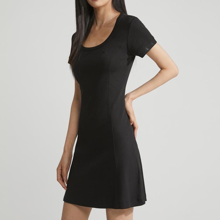 Calvin Klein Solid Color Ribbed Jacquard Round Neck Short Sleeve Dress Women Dresses Space-Black J221674-BEH