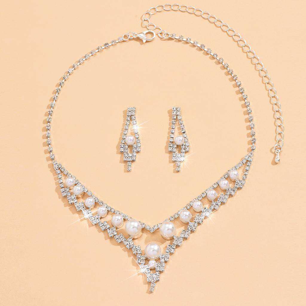 3pcs Wedding Women's Fashion Zircon Set Pearl Rhinestone Earrings Necklace Luxury Party Accessories
