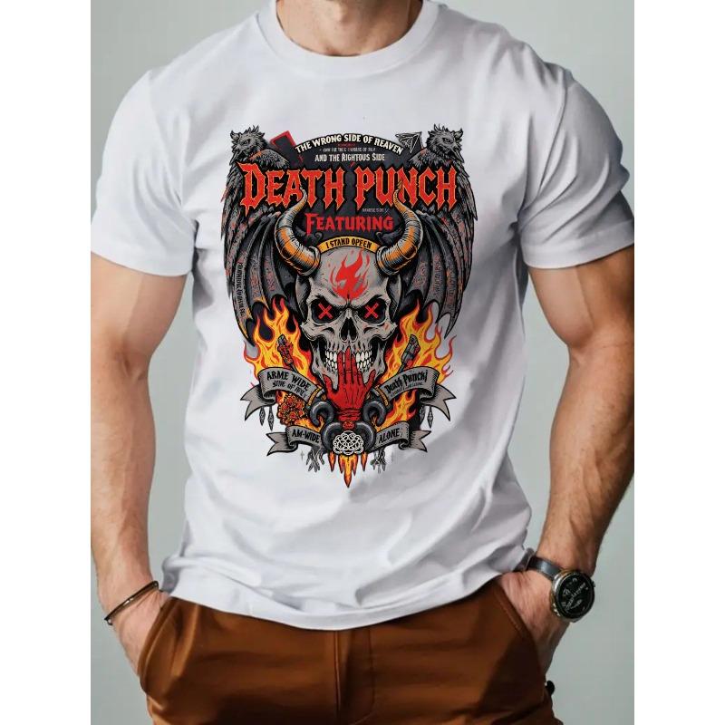 

European sizes Men s T-Shirt - Iconic Demonic Skull & Red-Eye Wings Graphic with Fiery Flames & Logo Print - Casual Wear - Short Sleeve Round Neck Tee 4XL білий