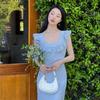 French retro floral dress medium and long summer temperament new square neck skirt lotus leaf dress