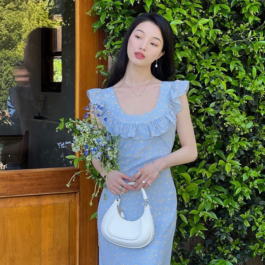 French retro floral dress medium and long summer temperament new square neck skirt lotus leaf dress