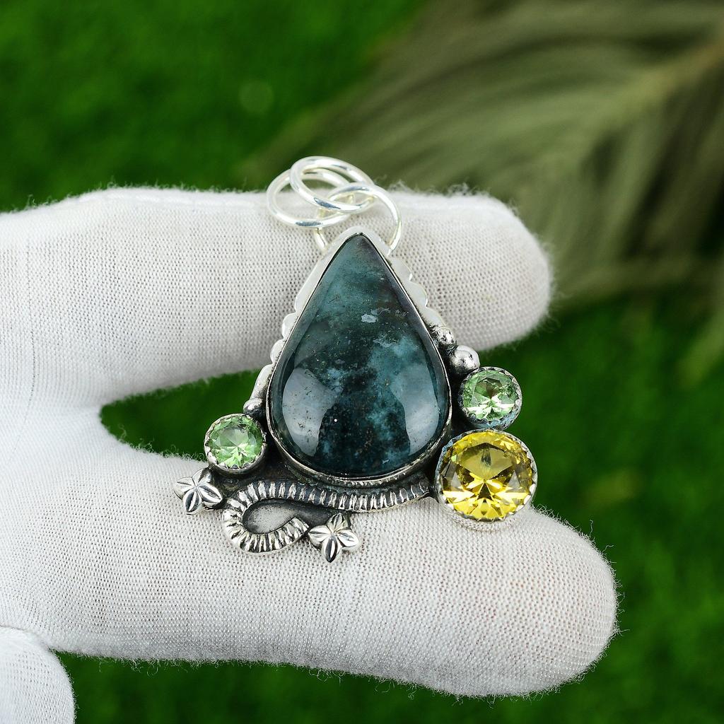 Natural Solar Moss Agate Gemstone Pendant 925 Sterling Silver Jewelry For Women