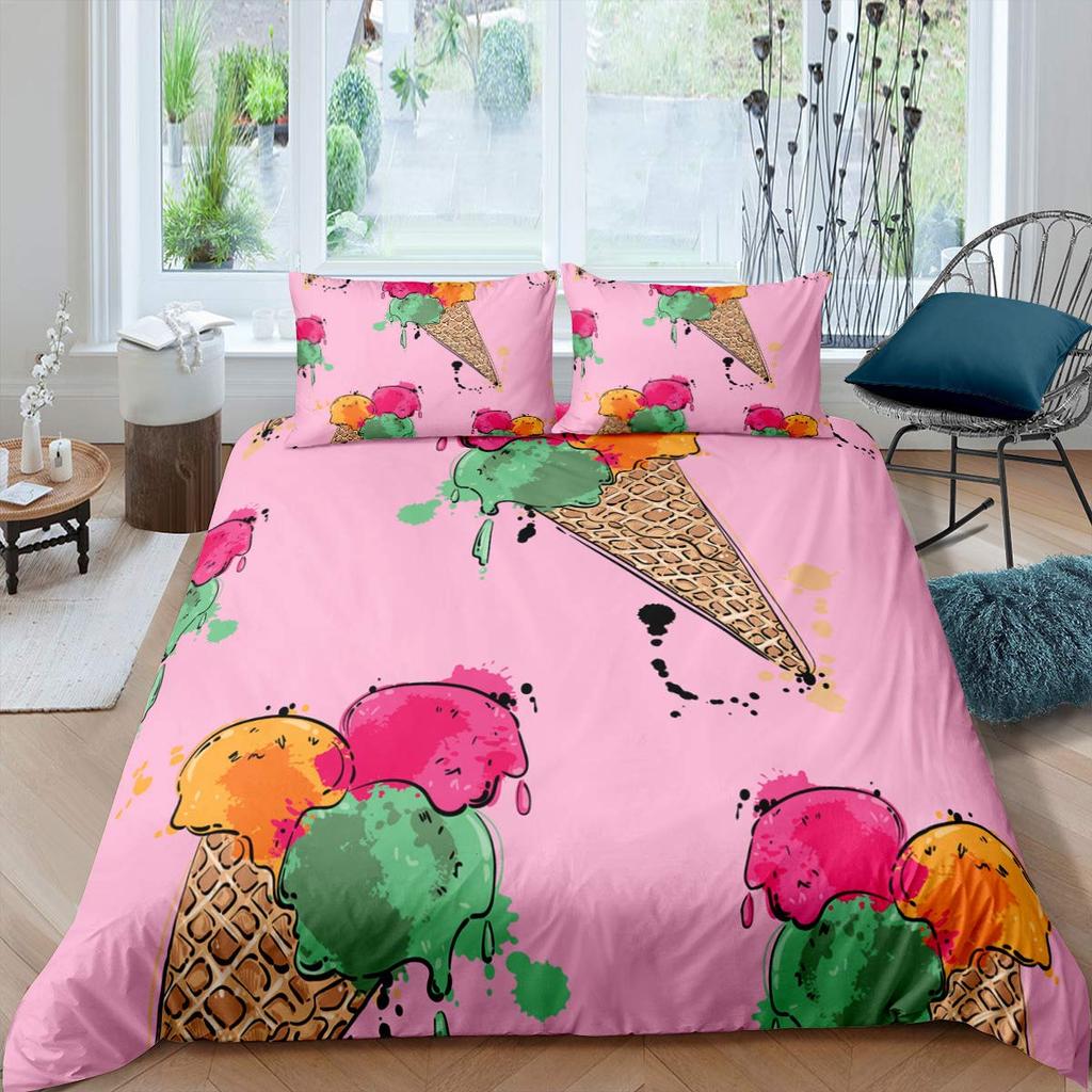 Zestaw Poszwy na Kołdrę z Lodami Kolorowy Kreskówkowy Babeczkowy Wiśniowy Cytrynowy Owocowy Zestaw Pościeli Styl Wakacyjny Letni Miękka Poszwa na Kołdrę