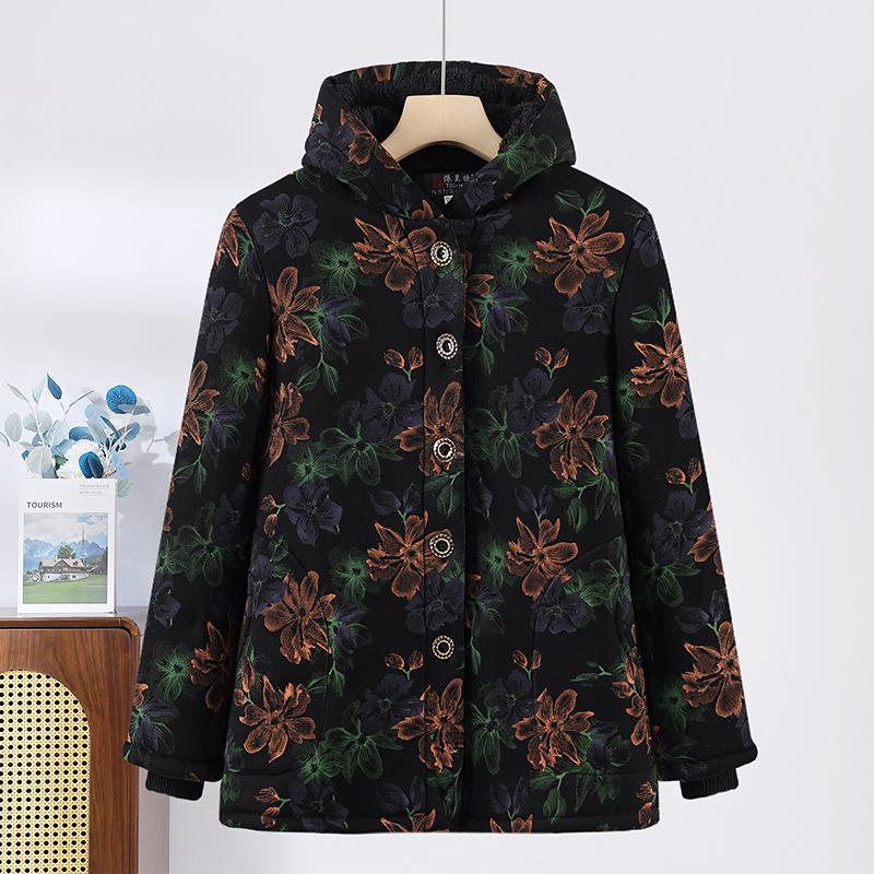 Elderly Women's Winter Fleece-Lined Cotton Jacket for 60s-70s Mom