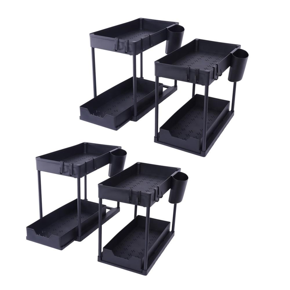 Under Sink Organizers 2 Tier Under Bathroom Cabinet Holder with Hooks & Hanging Cup, Multi-Purpose Storage Shelf for Kitchen