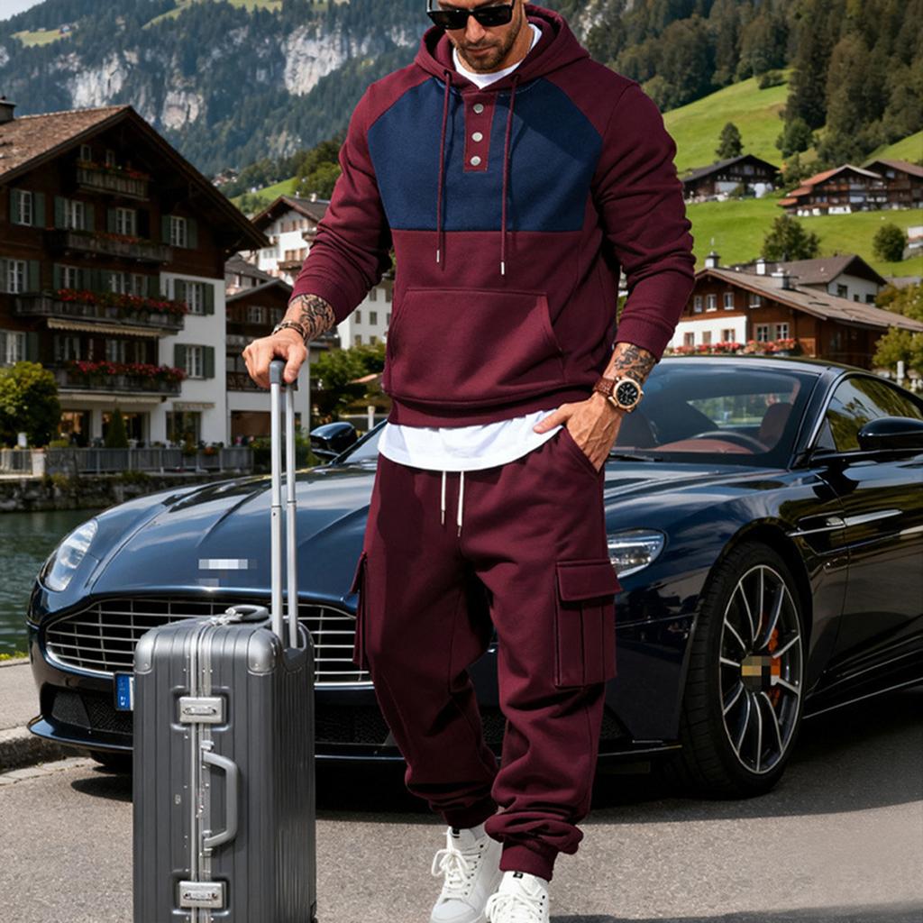 Lässiger Sportanzug für Herren: Kapuzen-Sweatshirt mit Kordelzug, Knopfleiste und Farbblockdesign mit Jogger-Taschen