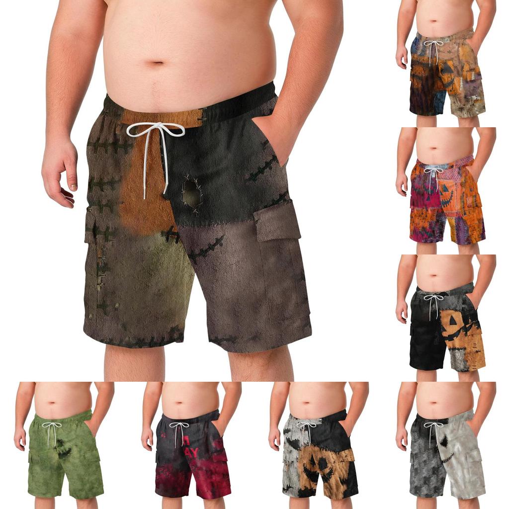 Męskie Szorty Cargo Plus Size z Nadrukiem Halloweenowym, Wielokieszeniowe, Lekkie, Codzienne Szorty z Regulowanym Sznurkiem w Pasie, do Użytku Zewnętrznego