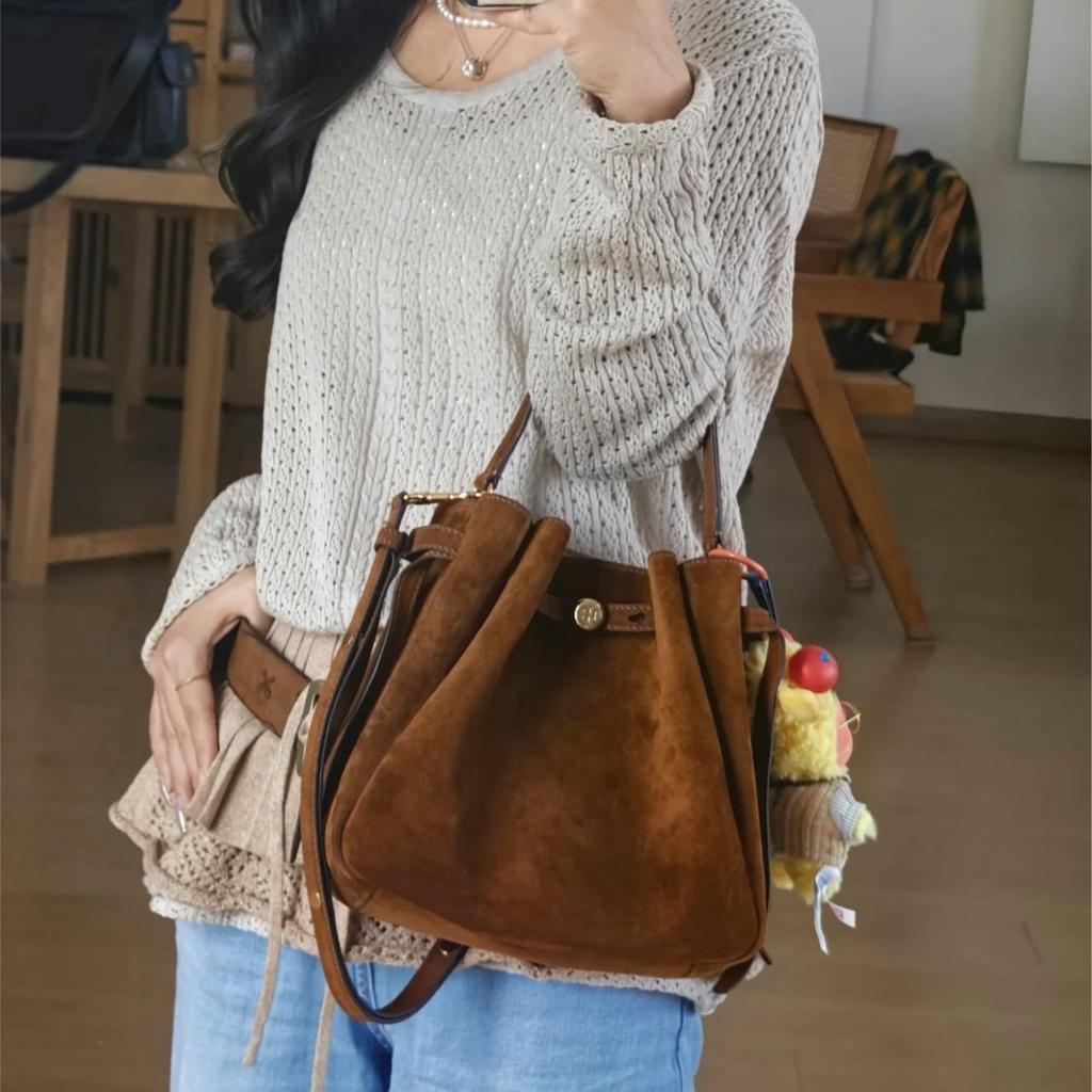 TORY BURCH Romy Gold Hardware Split Cowhide Leather Crossbody Tote Bag Women's Brown