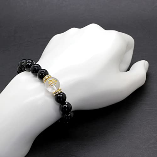 [Seki-Kira] Gold-engraved Quartz and Natural Onyx Prayer Beads Bracelet with Sanskrit Characters for Those Born In the Year of the Horse (Uma) - 14mm