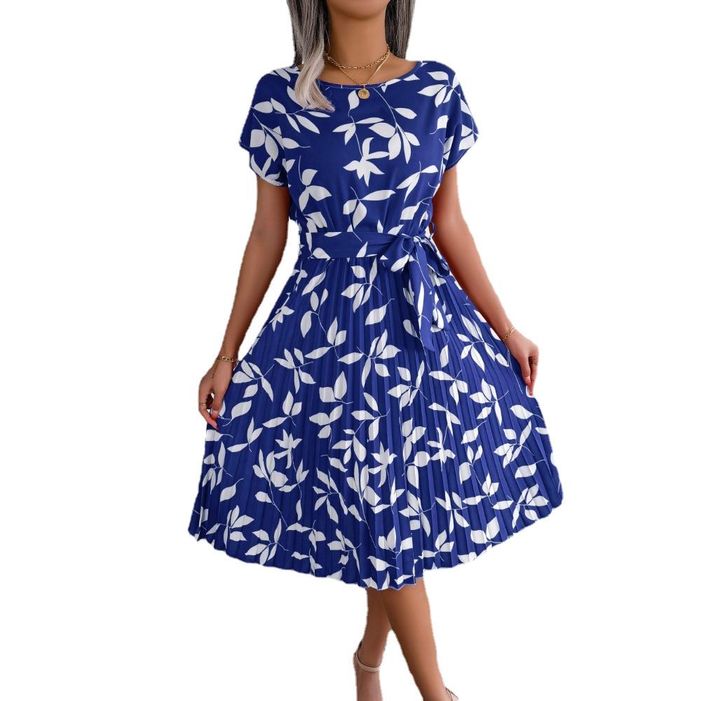 GMXIA Dámské letní jarní módní květinové kulaté výstřihy s vysokým rukávem a potiskem v pase, koktejlové a večerní šaty