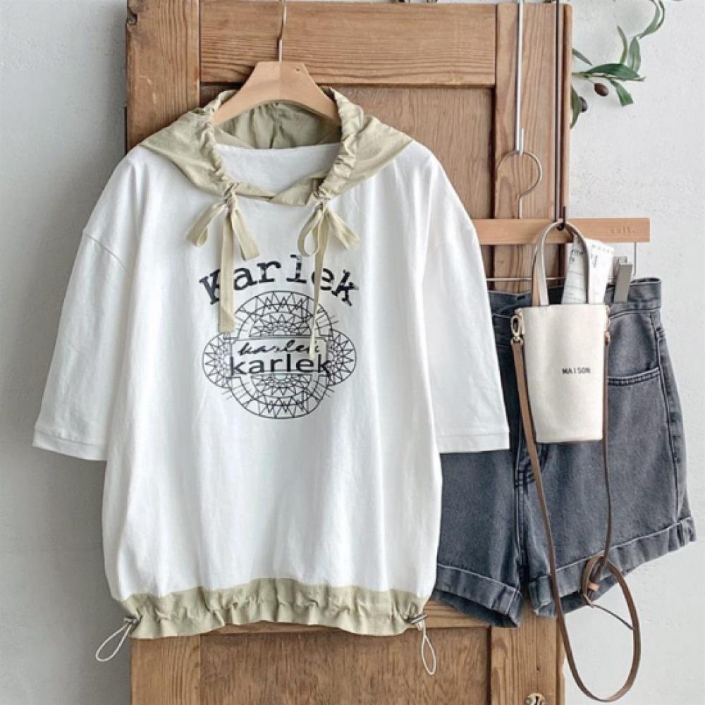 New Arrivals Open Run Women PrinT Color Hood STring ShorT Sleeve T shirT