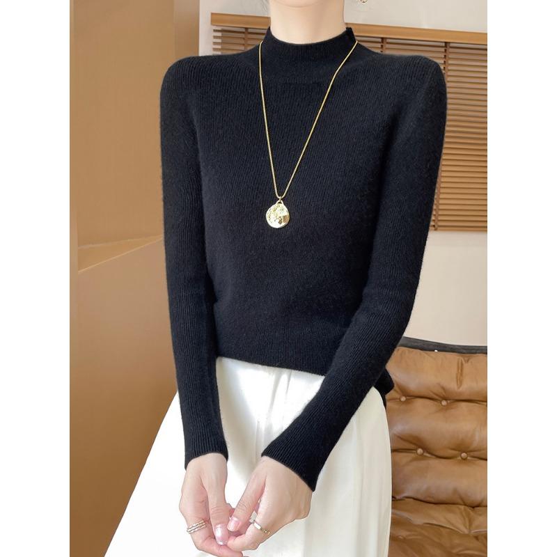 

Однотонная прилегающая и тонкая базовая рубашка женский свитер с полувысоким воротником осень и зима новый дизайнерский трикотажный свитер топ XXL чёрный