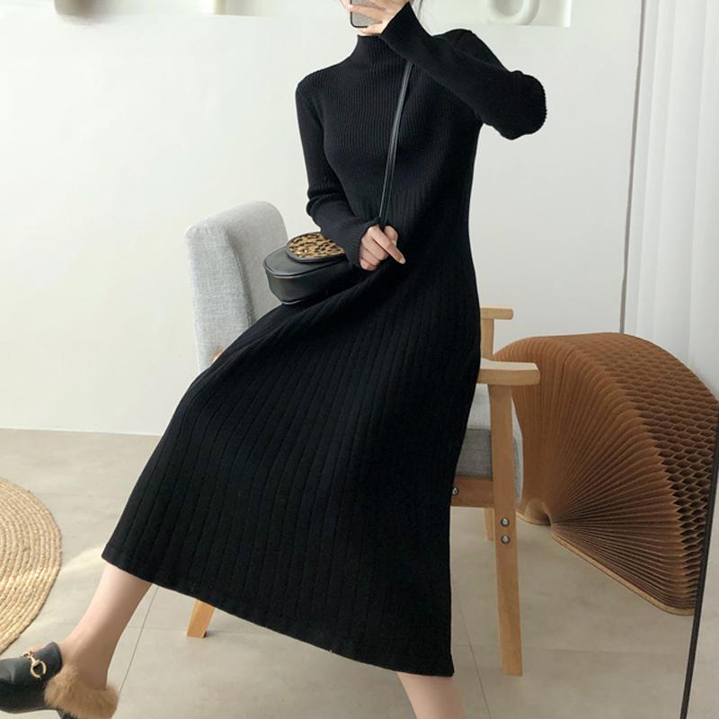 Elegant Warm Half Turtleneck Ladies A-line Sweater Dress Full Sleeve Slim Waist Women Knitted Mid-Calf Vestidos Autumn