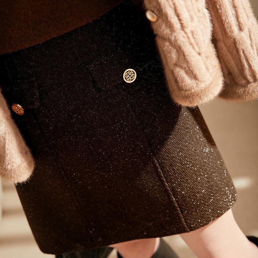 Women Black Wool Glitter Tweed A‑Line Mini Skirt High Waist Short Skirt For Autumn Winter New Arrival