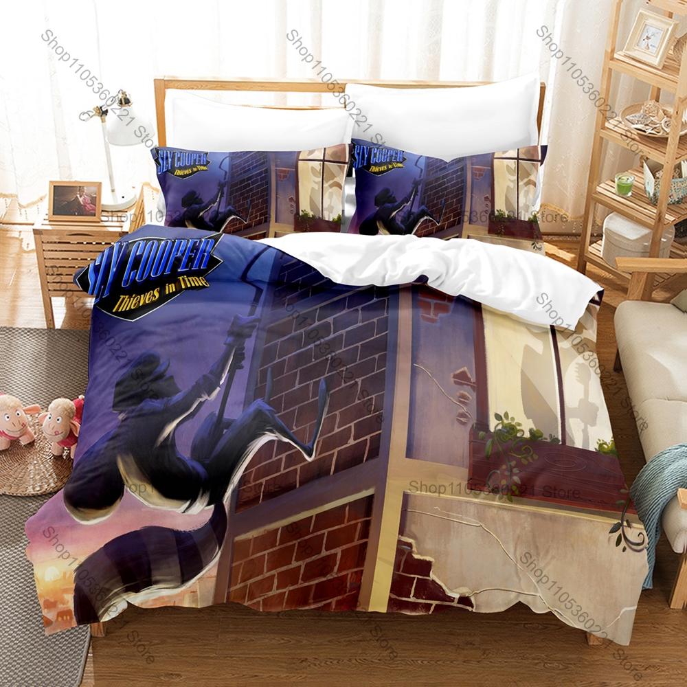 Set Biancheria da Letto Gioco Retro Sly Cooper, Copripiumino & 2 Federe, Carino Motivo Procione Ladro Tessuto Traspirante Uso Stagione Singola
