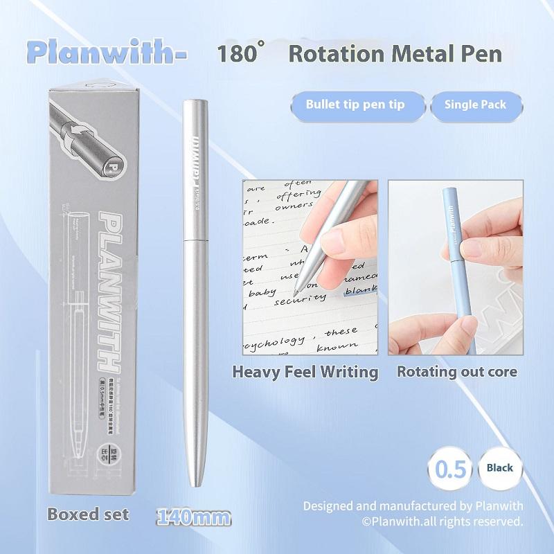 Planwith Rotating Metal Pen 0.5mm Aluminum Alloy Ballpoint Gel Pen 180° Anti-Roll Design Smooth Writing Office School Supplies