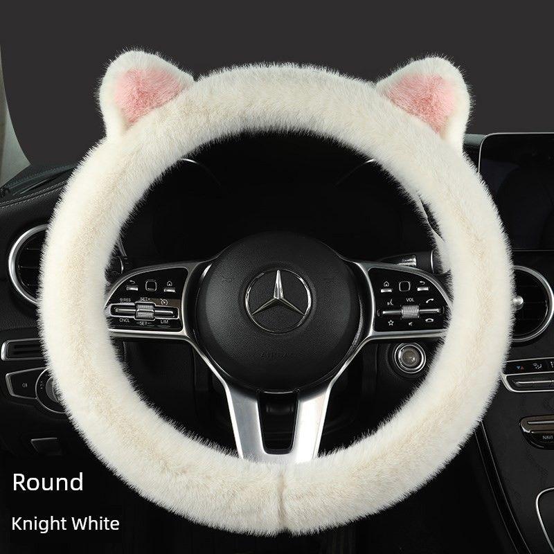 

Winter Short Plush D-Shaped Goddess Cute Warm Non-Slip Ear-Shaped Winter Car Steering Wheel Cover for Women Hyy-110 [Round. Knight White]