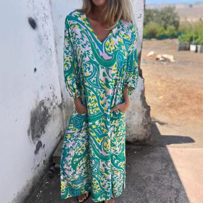 Women Printed Maxi Dress Spring Summer V Neck Boho Holiday Dress Long Sleeves Loose Dress with Pockets for Daily Life Parties Beach