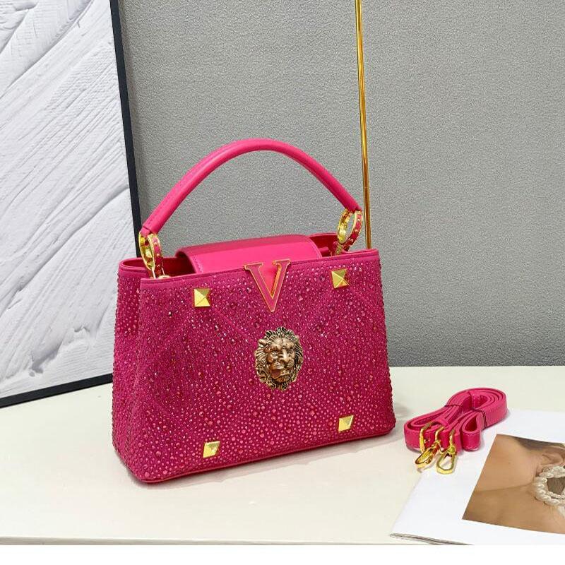 Fashion High-end Diamond Rose Red Women's Slippers Fish-mouthed Back Hollow Lion Cool Slippers Rhinestone Slippers Chain Bag Set B9