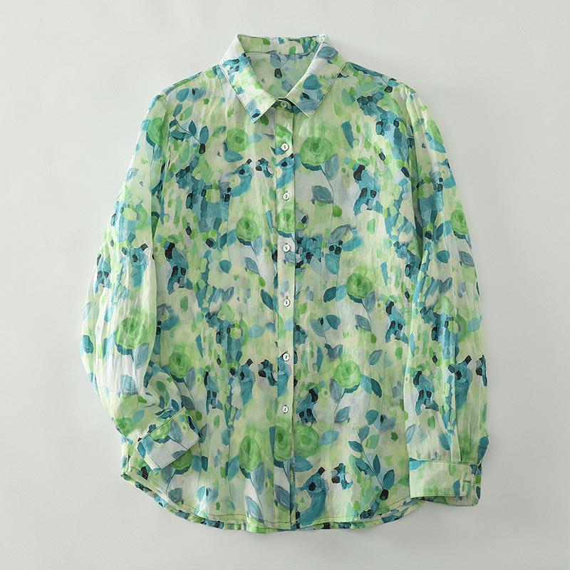 Retro Floral Cotton Linen Lapel Long Sleeve Women's Shirt - 2026 Spring Collection