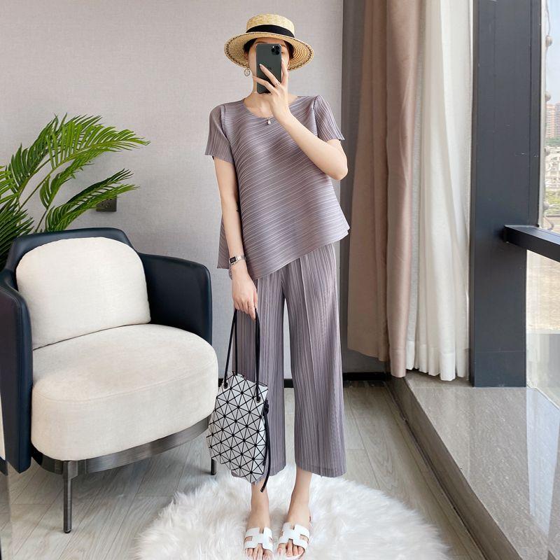 Wrinkle Casual Suit Women's Summer Irregular Top Loose Wide Leg Pants Two-piece Set