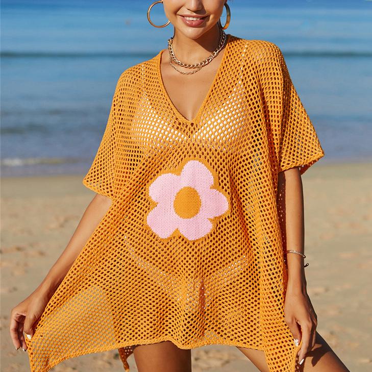 

Женская пляжная накидка больших размеров с вырезом и вязаным накидкой, праздничная солнечная рубашка без рукавов One Size оранжевый