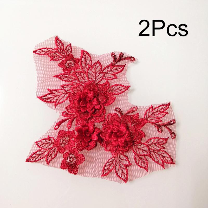 2Pcs Flower Embroidered Trim Lace Applique Fabric Craft Sewing Motif Dress Decoration Wedding Bridal DIY Patches Hollowed Out