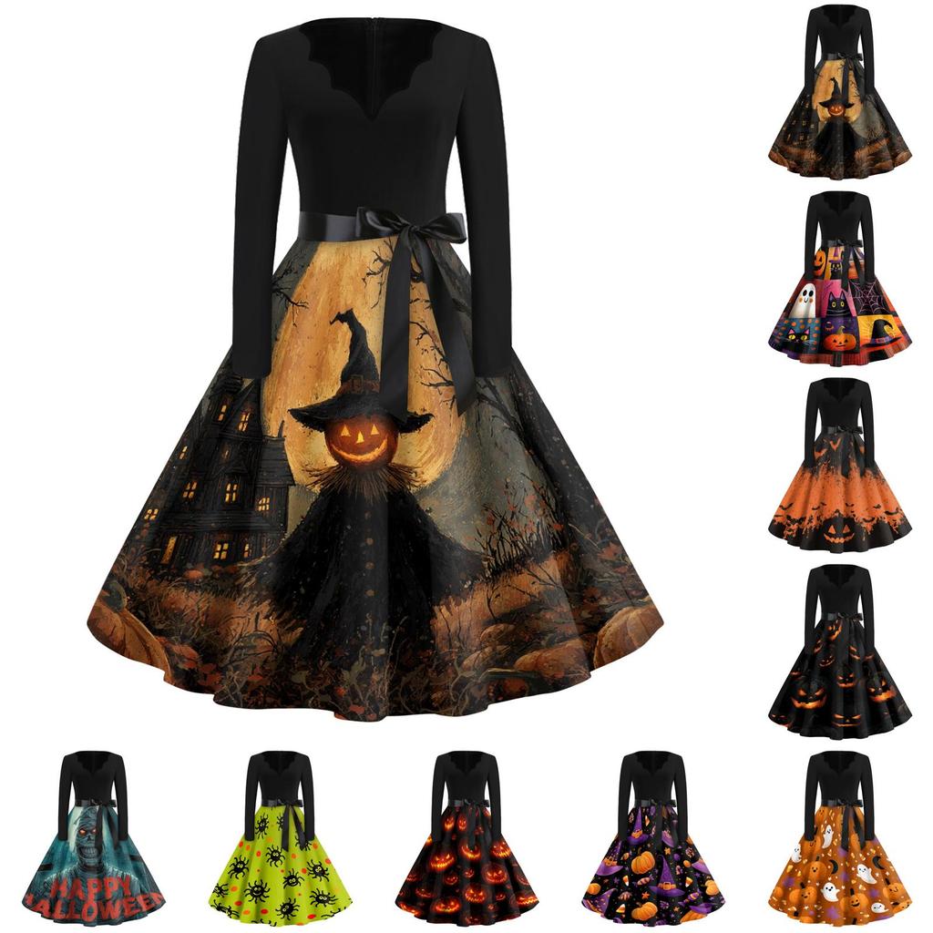 Women's Vintage V-Neck Dress with Halloween Print for Casual Fall Outings