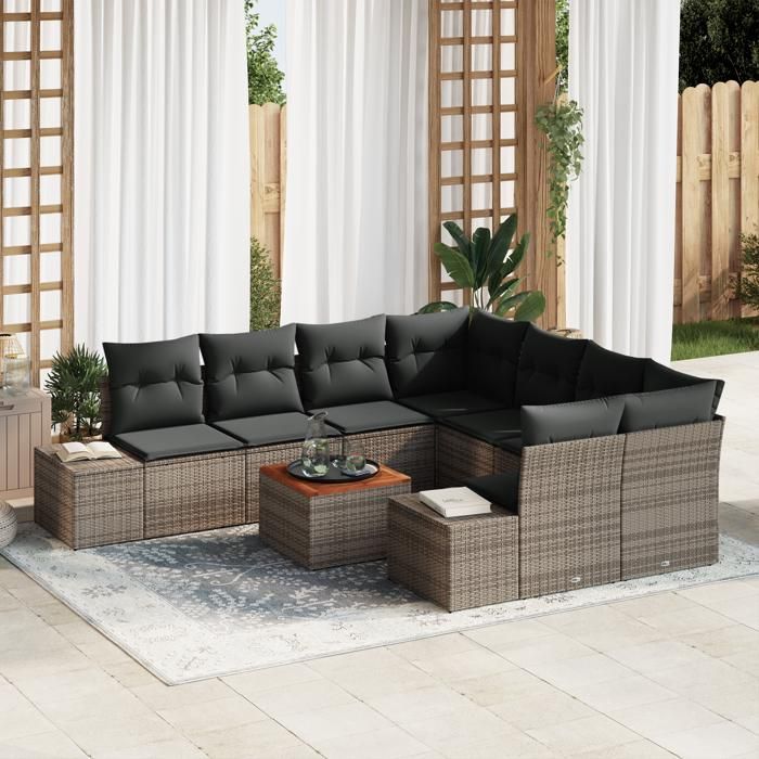 VidaXL Ensemble de canapé de jardin de 9 pièces avec coussins Gris Poly Rattan Acacia 3356606