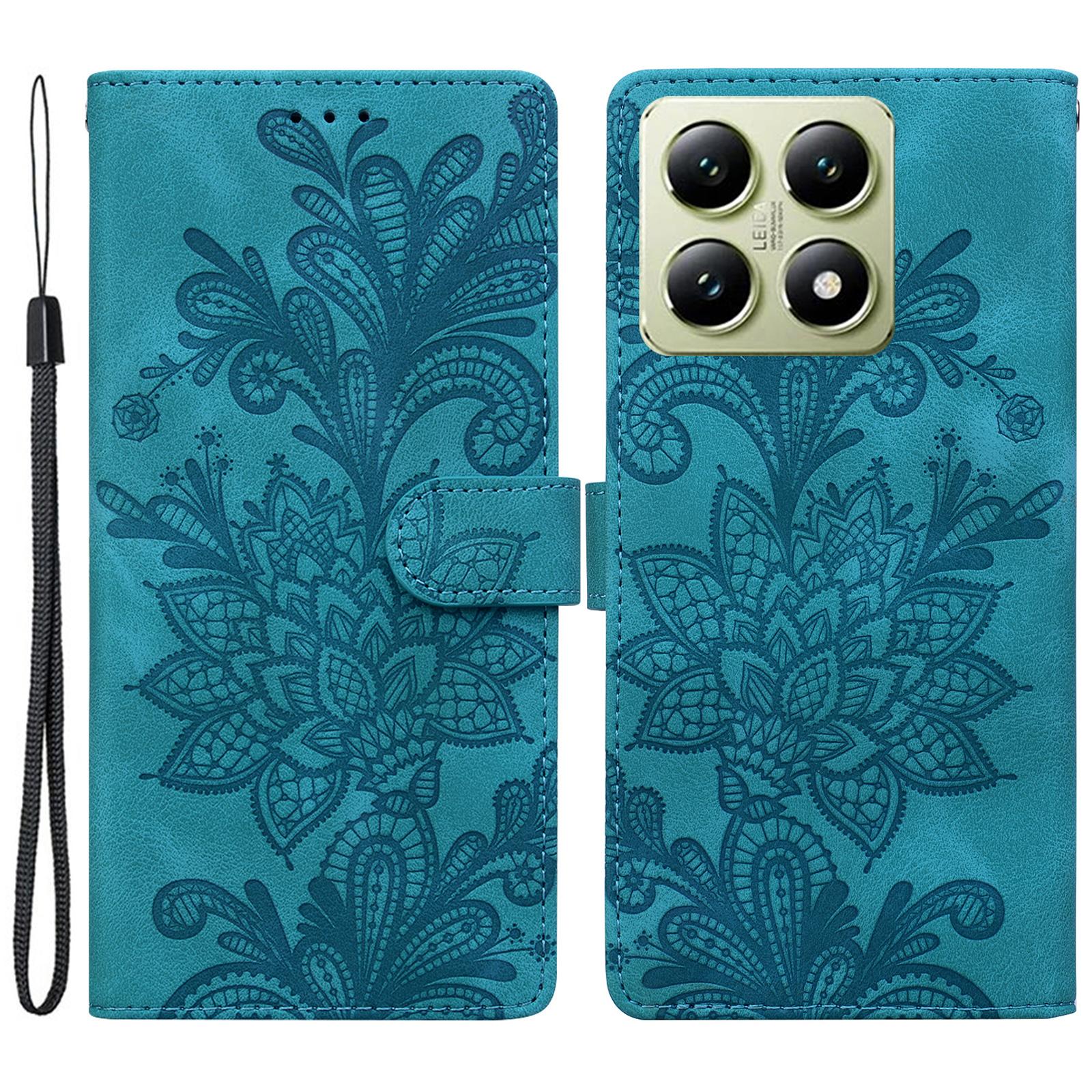 

For Xiaomi 14T Case Imprinted Lace Flowers PU Leather Wallet Phone Cover Green