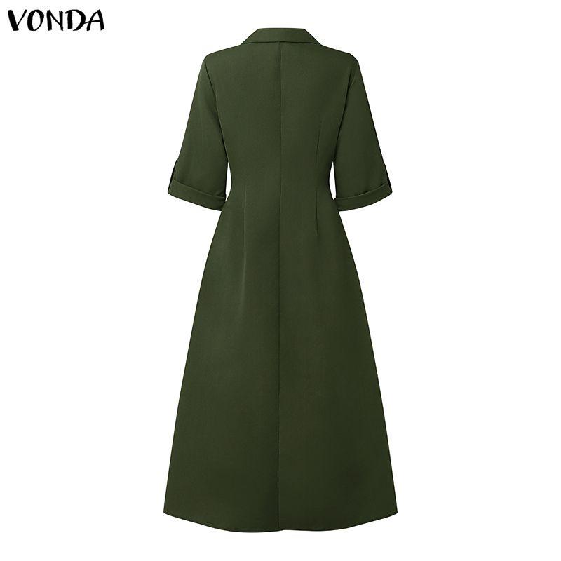 VONDA Womens Casual Lapel Collar Button Down Half Sleeve Office Style A Line Midi Shirt Dress