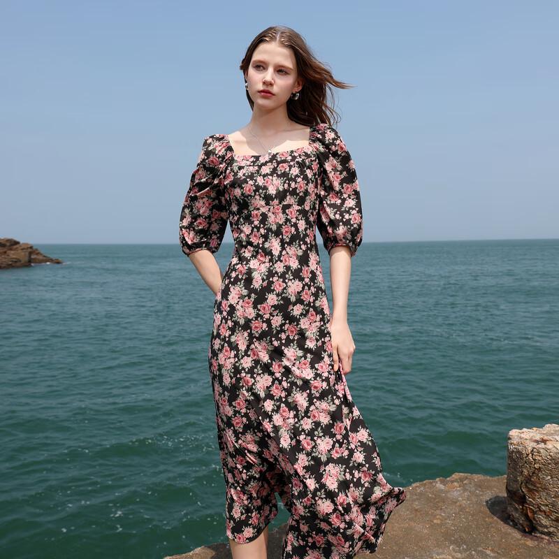 SanCai French Square Neck Floral Chiffon Maxi Dress