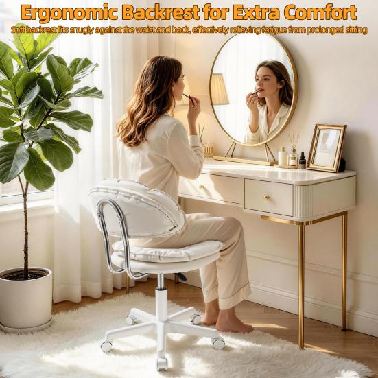 360 Degree Swivel Rolling Chair Office Desk with Wheels, Armless Faux Leather Vanity Drafting Back, Height Adjustable Computer Task for Home
