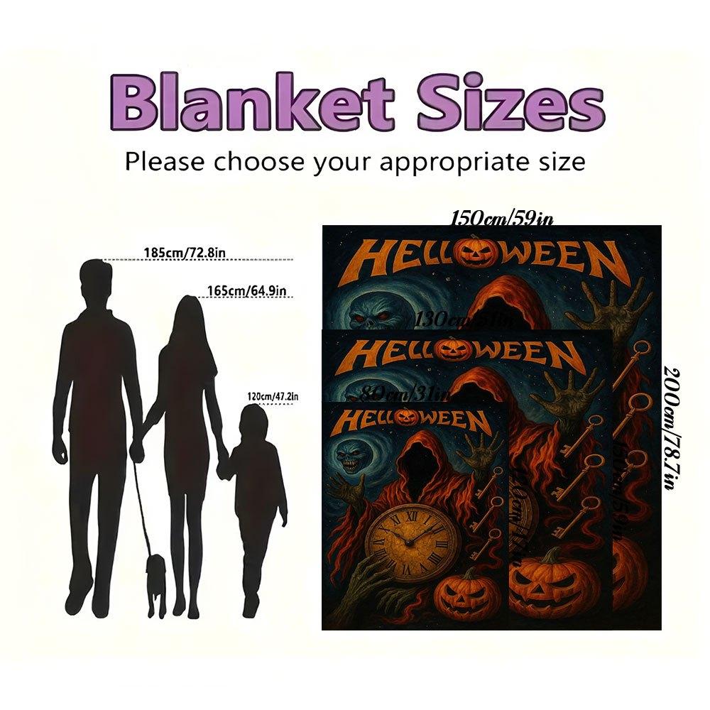 "Halloween Spooky Clock with Pumpkin and Ghost"Blanket Flannel Throw Blanket for Sofa, Bed, Travel, Camping, Office