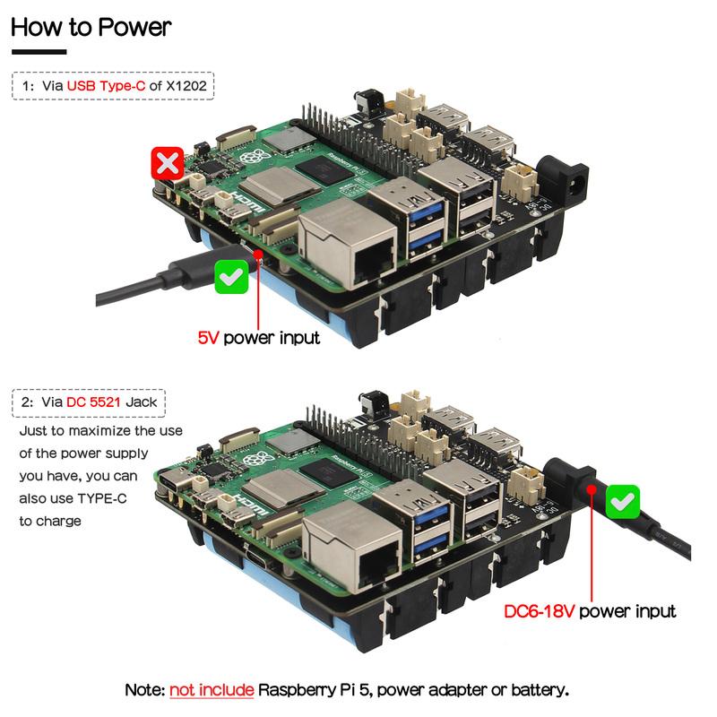 Geekworm X1202 UPS & Power Management Board with 4 cell 18650 battery holder for Raspberry Pi 5