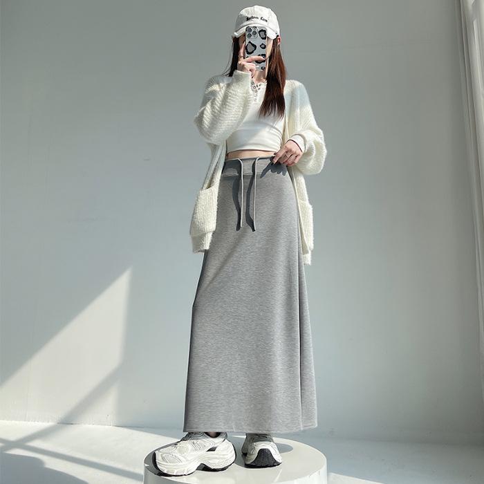 Women's Gray High Waist A-line Midi Skirt - Autumn Sporty Style with Straight Slit and Draping