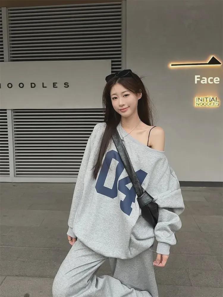 2024 Spring/Fall Women's Asymmetrical Shoulder Digital Print Sweatshirt & Loose Trousers Set