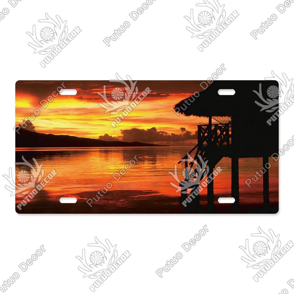 Putuo Decor Západ slunce SPZ Kovová cedule Plaketa Kovová Vintage Dekorace do obývacího pokoje Dveře Nástěnná dekorace k moři
